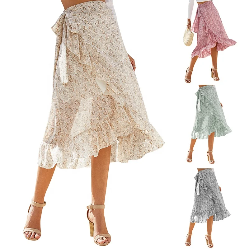 

2022 Free Custom Logo Label Casual Summer Ladies Chiffon Wrap Ruffle Floral Midi Beach Skirts For Women, Customized color