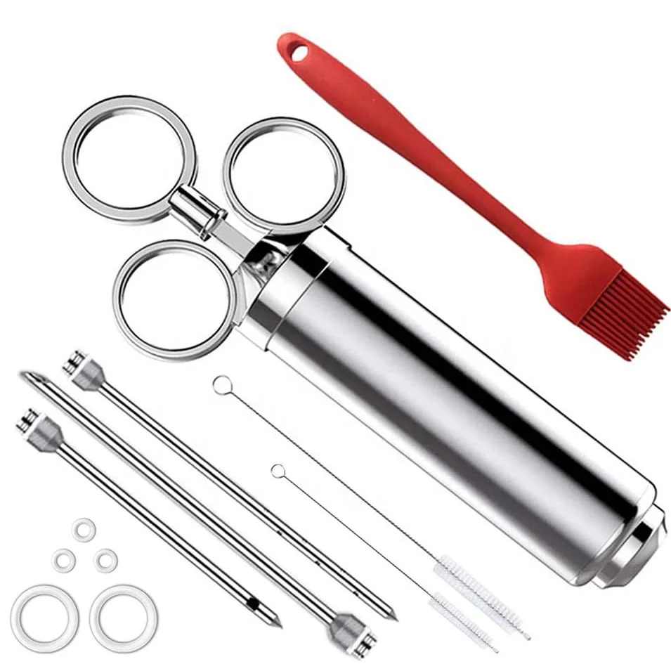 

Heavy duty 304 Stainless Steel Meat Injector Kit with 2-oz Large Capacity Barrel with 3 commercial Marinade Needles for BBQ, Silver