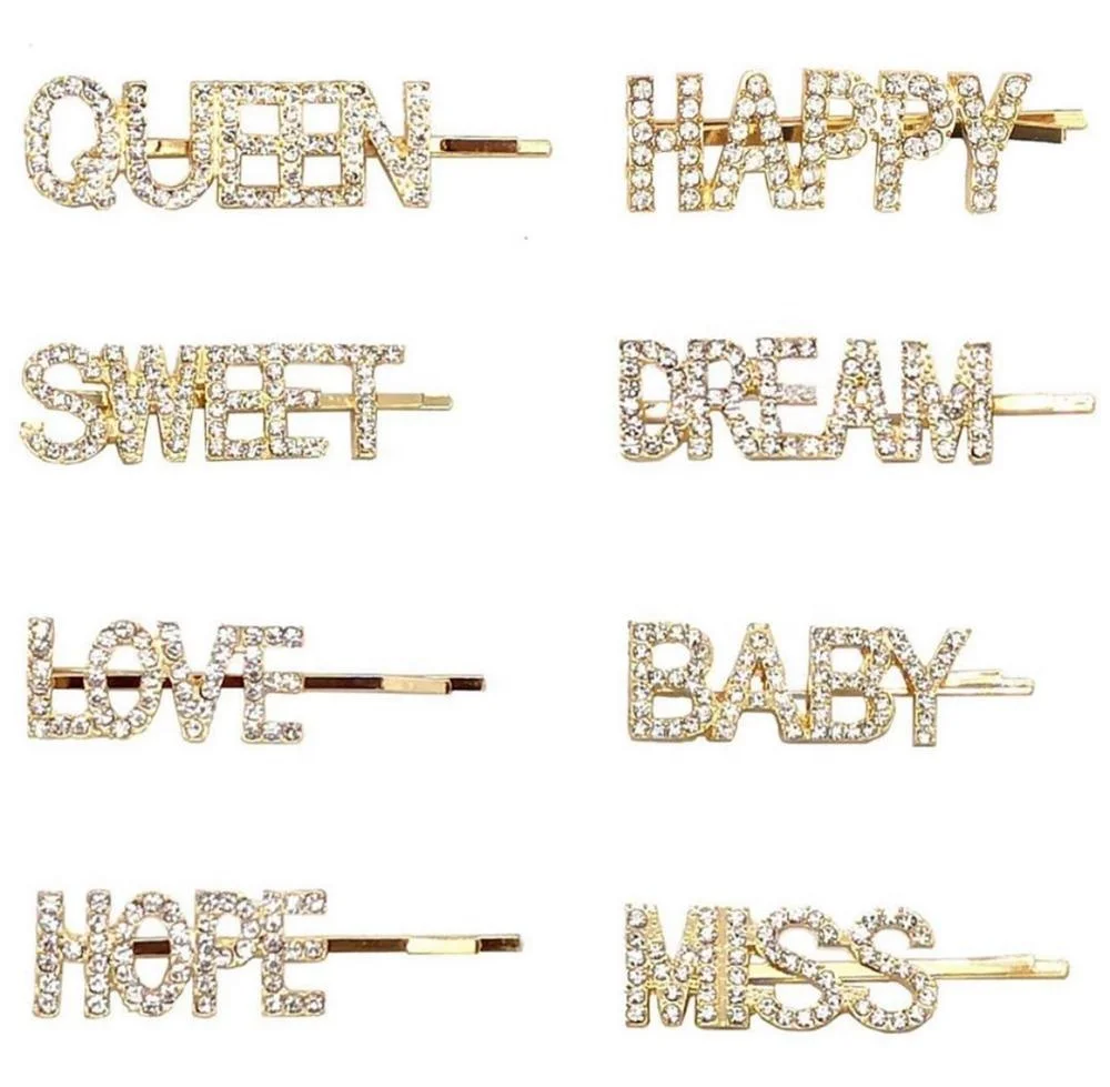 

2019 Glitter Word Fashion Pearl Rhinestone Custom for Women Crystal Letter Clip Hair Pin