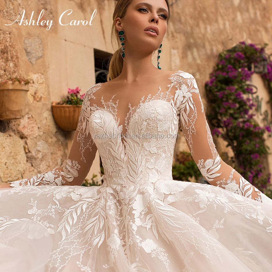 Sexy V-neck Appliques Tulle Wedding Dress 2020 Illusion Backless Long Sleeve Princess Boho Lace Wedding Gowns