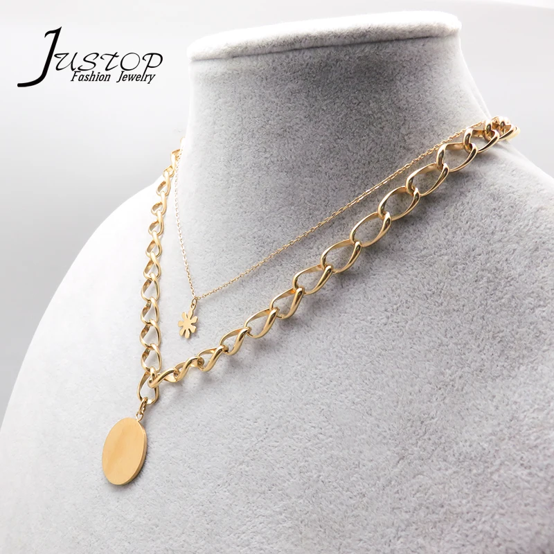 

Minimalist jewelry flower coin pendant two layer chain necklaces stainless steel, Gold
