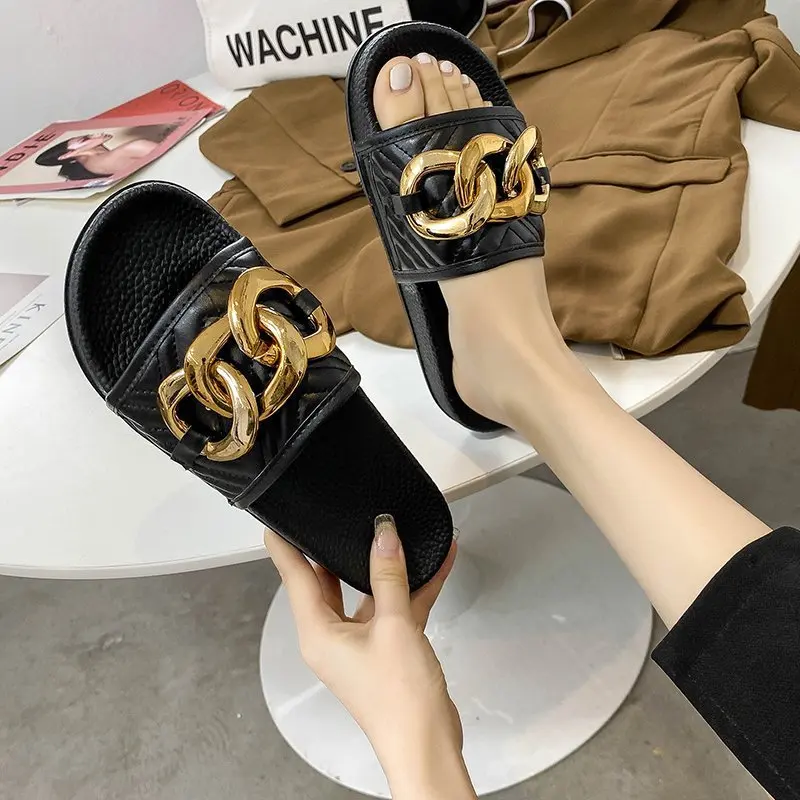 

New design chain strap ladies flat form holiday outdoor slide sandals wholesale