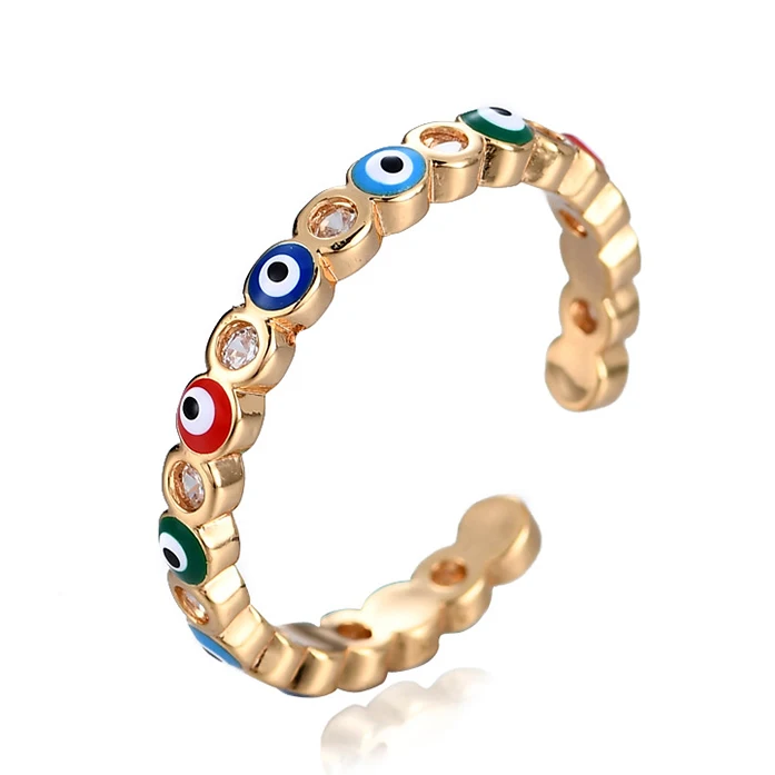 

Wholesale 18K Gold Silver Plated Copper Zircon Blue Red Enamel Open Adjustable Turkish Evil Eyes Rings Jewelry For Woman