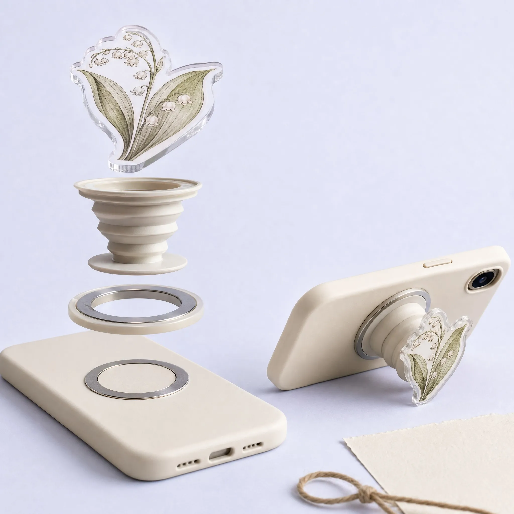 Exploded Structural Diagram of MagSafe Magnetic Acrylic Phone Grip: Lily of the Valley Topper, Accordion Base, Magnetic Ring, Phone Case, Kickstand