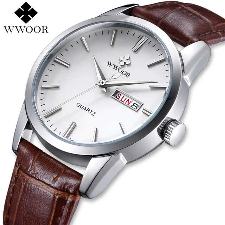 

WWOOR 8801 Brand Luxury Men Watches Day Date Analog Quartz Watch Men Waterproof Wristwatch Male Brown Leather Strap Clock