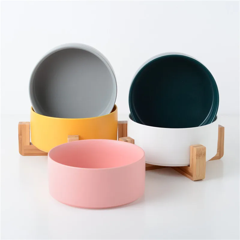 

Manufacturer wholesale ceramic pet cat dog bowl wooden frame multi colors, Green,yellow,grey,white,pink