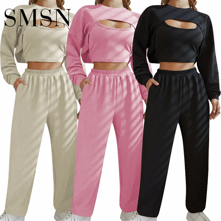 

Latest Design Solid Color Vest And Long Sleeve Crop Top Women Joggers Suits Set Casual Three Piece Set Women Clothing