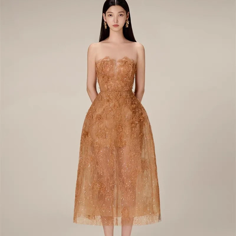 

luxury lace dress Vietnamese designer temperament three-dimensional flower sequins perspective chest long dress