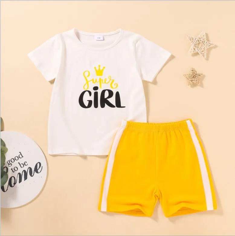 

2021 Girls Clothing Set Summer Kid 2PCS Short Sleeve Yellow Print Children Casual Sets