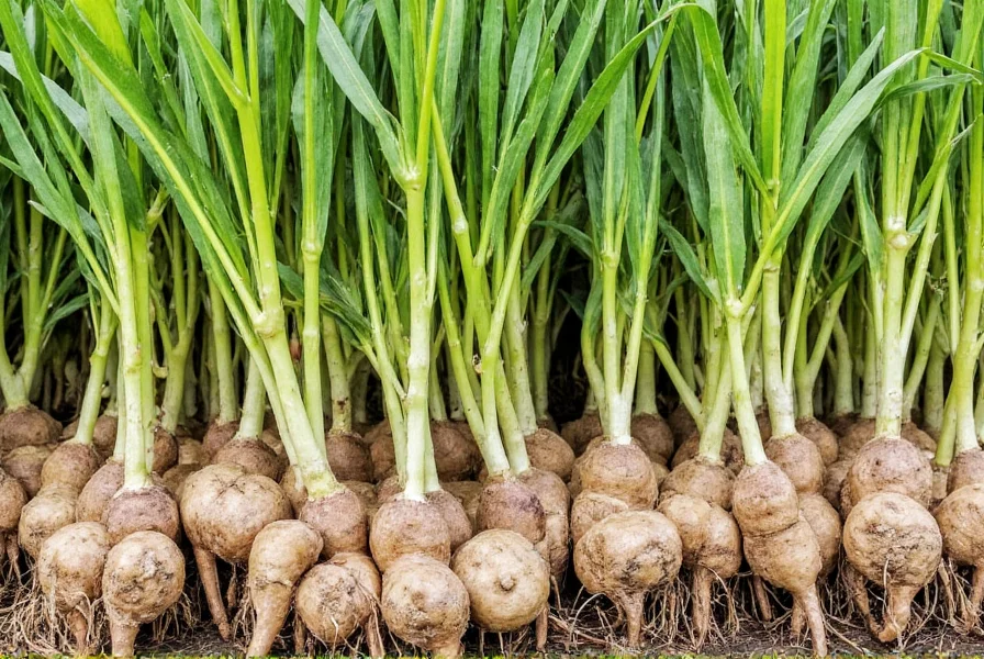 Greater galangal plant showing tall stalks, long leaves, and harvested rhizomes with characteristic knobby appearance and light brown skin