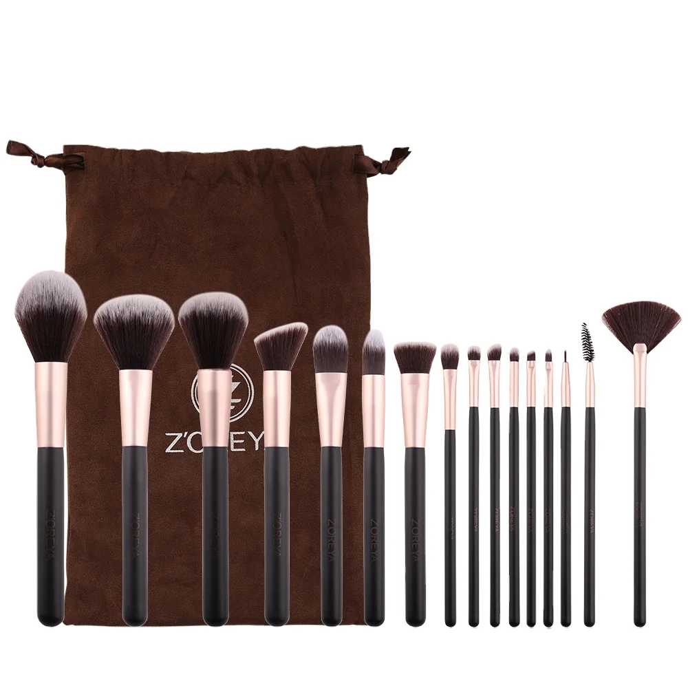 

Professional make up brush set 16 pcs wood handle good qualtity with a flocking bag, Brown