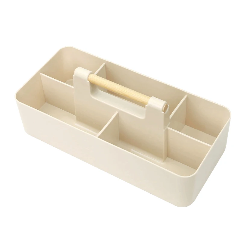 

Beverage Organizer Box White With Wood Handle European Practical Plastic Portable Storage Basket Bins
