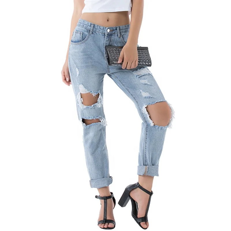 

Women Light Blue High Waisted Pants Wide Leg Straight Hole Loose Denim Jeans Casual Trousers