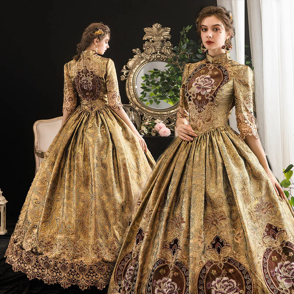 

Ladies Medieval Renaissance Victorian Dresses Gold Costumes Queen dress