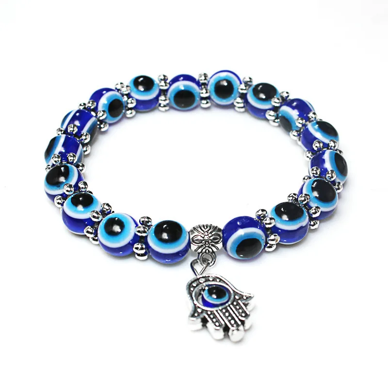 

Adjustable Silver Hand Shape 8mm Acrylic Beads Evil Eyes Stretch Bracelet Blue Eye Charm Bracelet