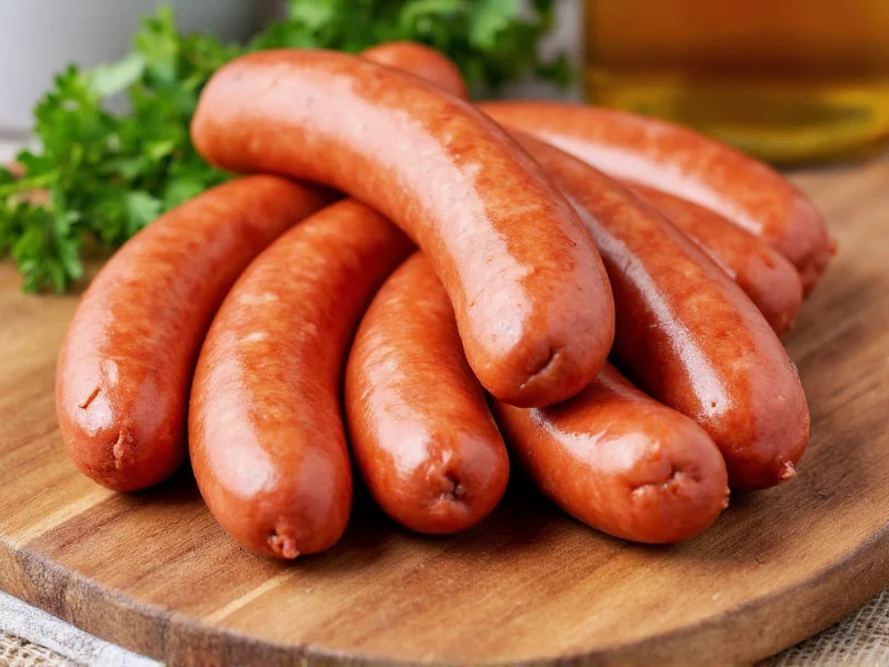 Fresh homemade sausage links on wooden cutting board