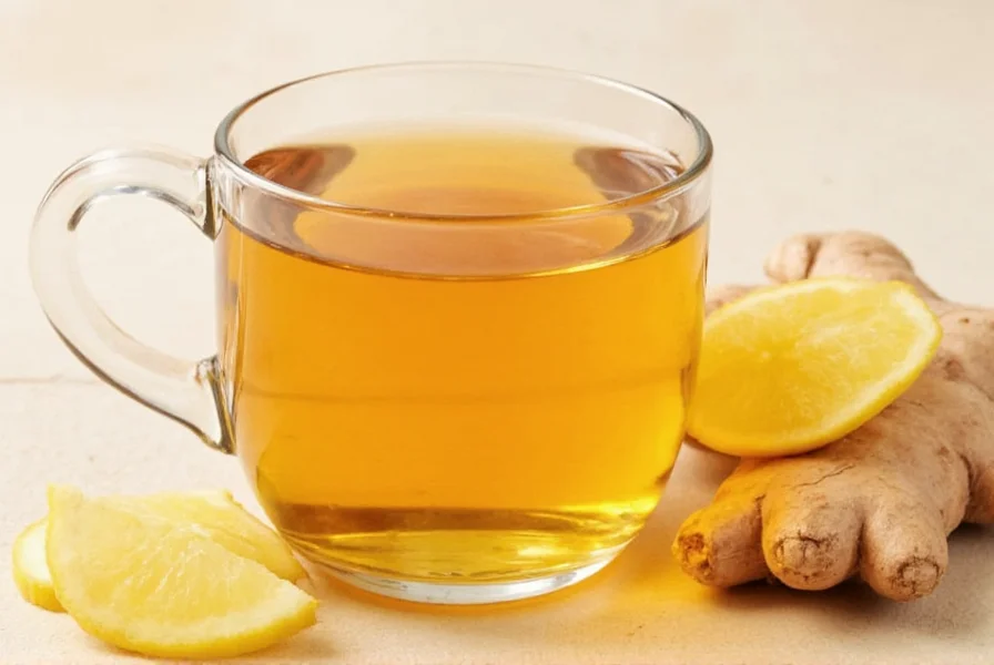 Fresh ginger root, sliced ginger, and brewed ginger tea in mug