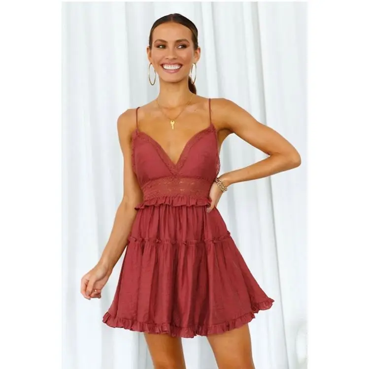 

PEARL New Arrival 2021 Summer Dresses Sexy V Neck Condole Belt Lace Woman Casual Dress