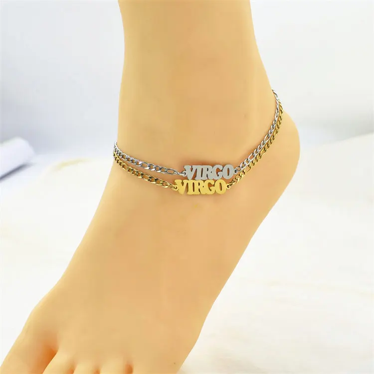 

SC Wholesale Ankle Bracelet Jewelry Custom High Quality Gold Plated 316L Stainless Steel Cuban Link 12 Zodiac Sign Anklet Women, Silver anklet, gold anklet