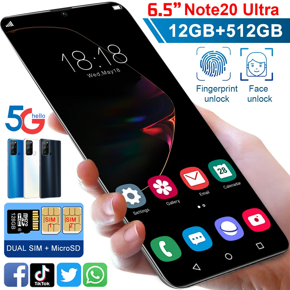 

2021 Note20 Ultra 6.5inch 8+256GB Full Display Android 9.0 Cell Phone Dual SIM Cards Smartphone Cell Phone Case, Colors