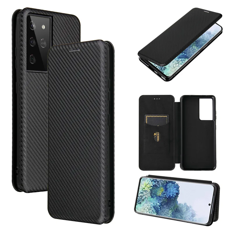 

Luxury Magnet Flip Cover for Samsung Galaxy S21 Ultra Carbon Fiber PU Leather Case for Samsung S21 Plus