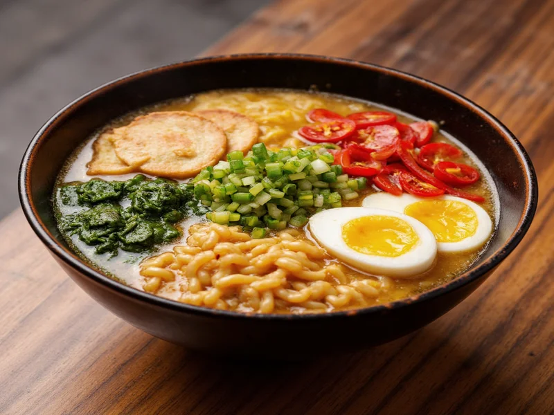 Homemade ramen bowl with seasonal vegetable toppings on wooden table