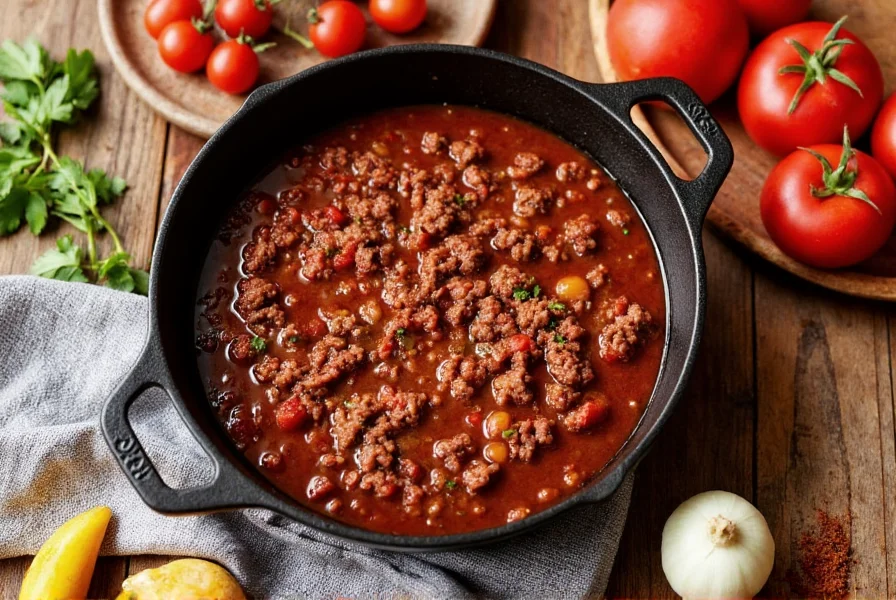Paleo chili in cast iron pot with fresh ingredients surrounding it: ground beef, tomatoes, onions, garlic, and spices