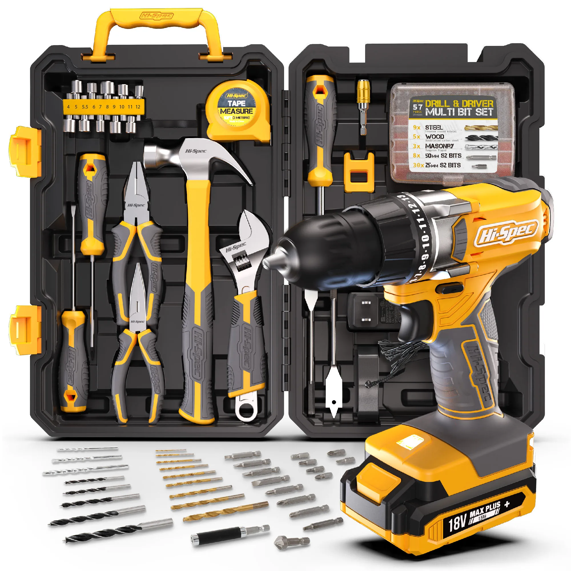 81pc Home Garage Tool Set With 18v Drill Driver Professional Steel