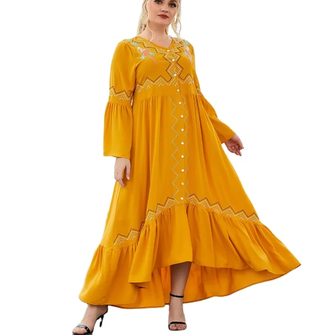 

Pure color patchwork cuff ruffled acrylic hot selling muslim women dress, Yellow