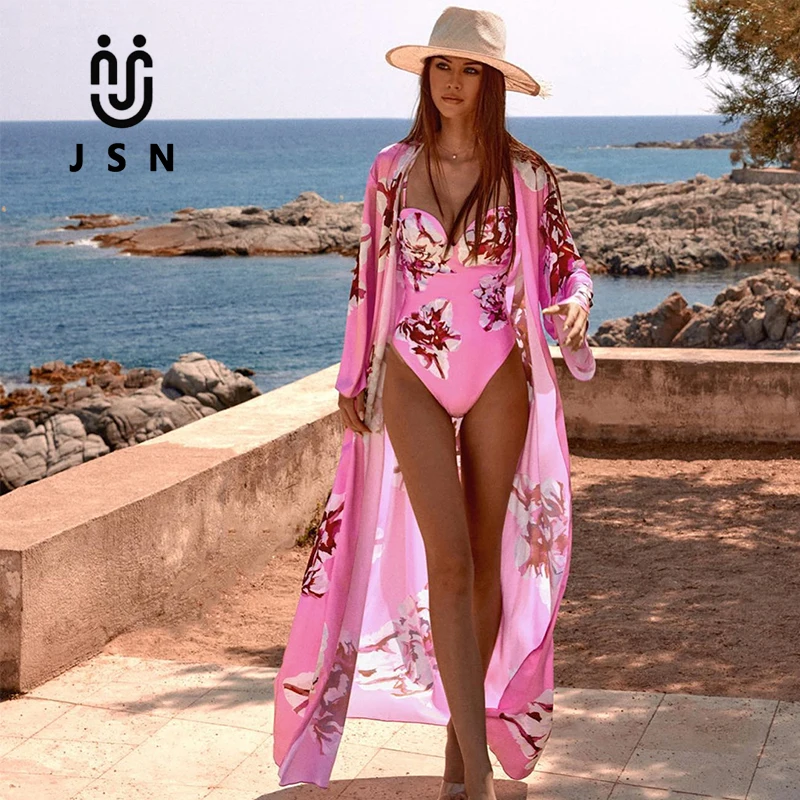 

JSN Beachwear print swimming suit one piece swimwear with long sleeves cover up