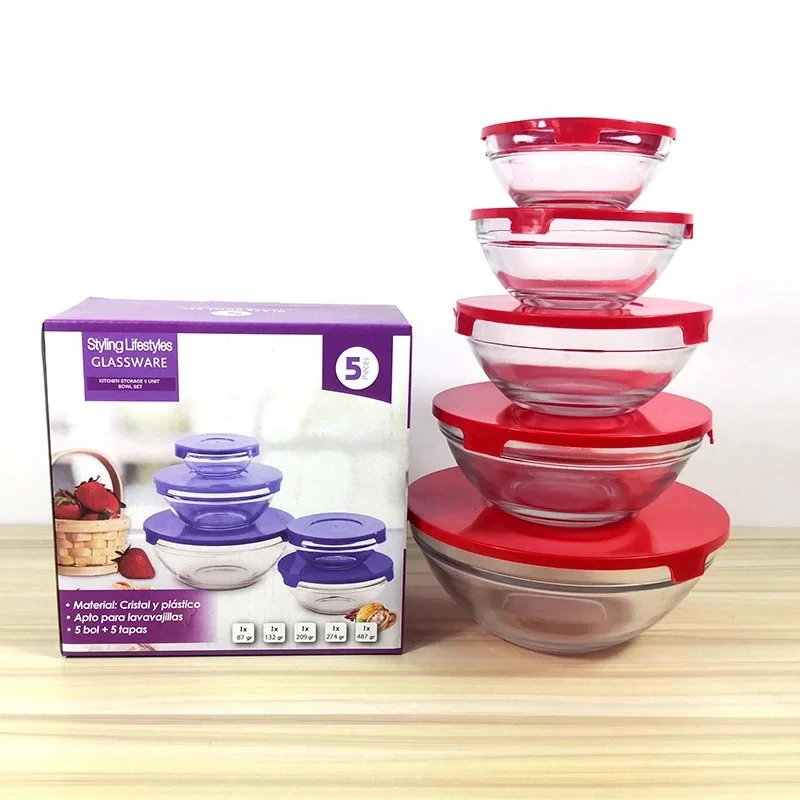 

Heat Resistant 5pcs eco friendly Round Home Decor Clear With Plastic Lid Fruit Salad Food Glass Bowl Set