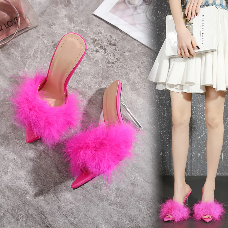 

New 2021 European and American feather transparent crystal high heeled shoes