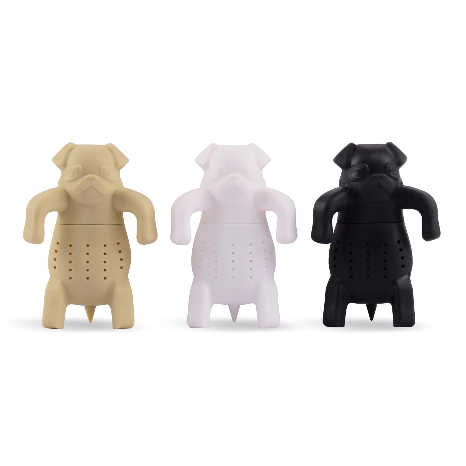 

Custom Cute Pug Shaped Silicone Animal Tea Infuser, Black, white, beige