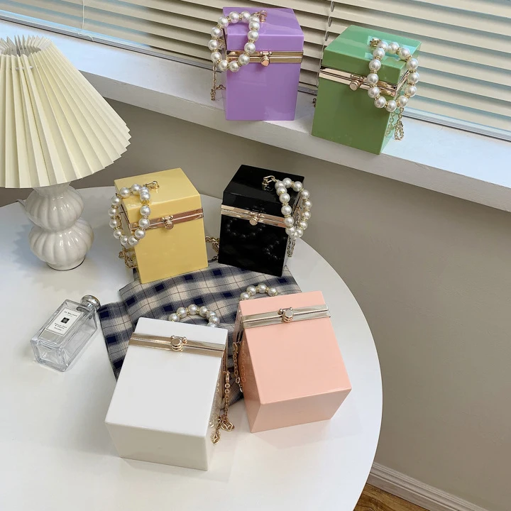 

Popular Pearl Chain Acrylic Box Bag Fashion Shoulder Handbags Hand Bags Women Handbags Ladies Purse Pearl handle, 6 colors