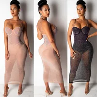 

2019 Sexy Women Rhinestone Evening Dress Sleeveless Club Party Dress Mesh Sequin Dress