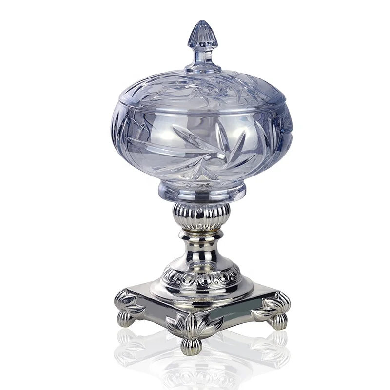 

Electroplated bule crystal glass sugar bowl candy jar with lid and metal base stand, Blue