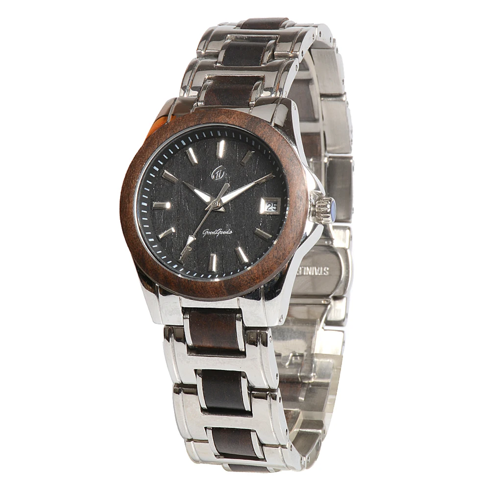 

China Factory Bewell Ladies Wrist Watch Stainless Steel Wooden Watch for Women