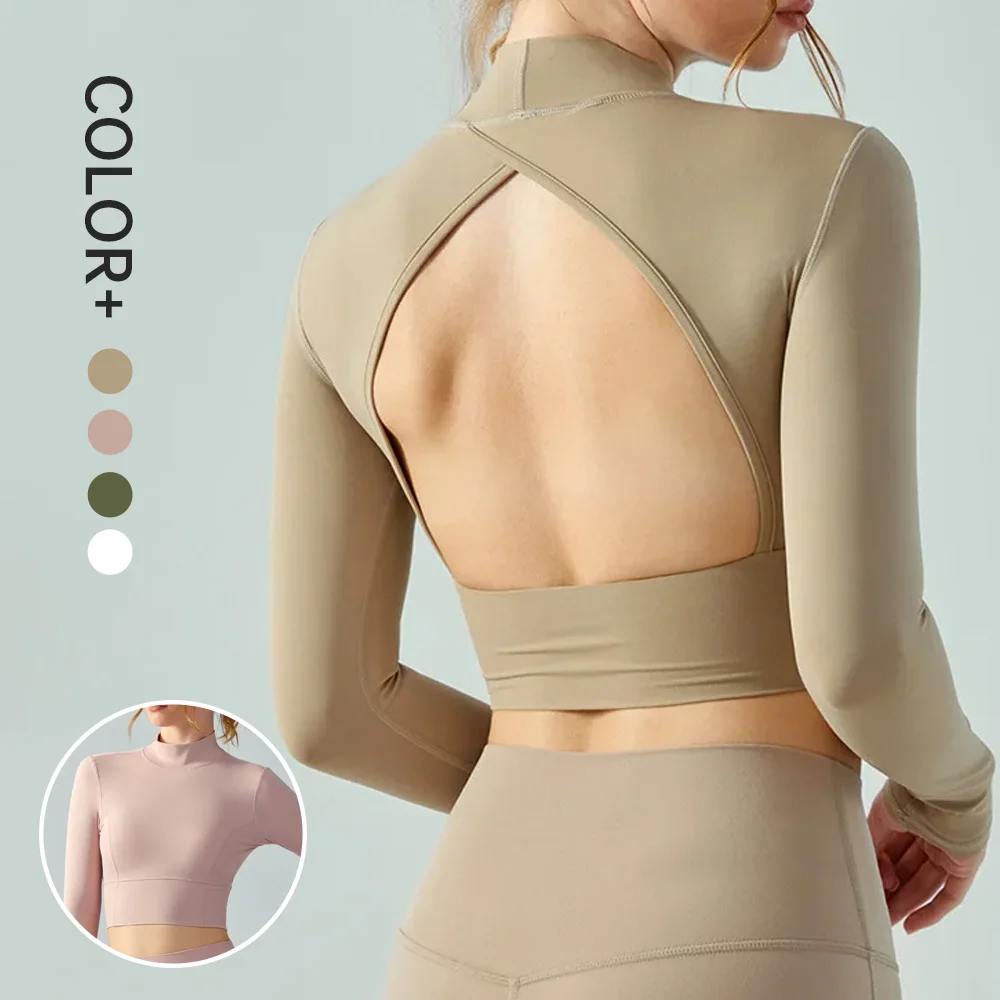 

SHINBENE High Neck Sports Crop Top Women Long Sleeve Backless Yoga Workout Shirts Workout Crop T Shirts