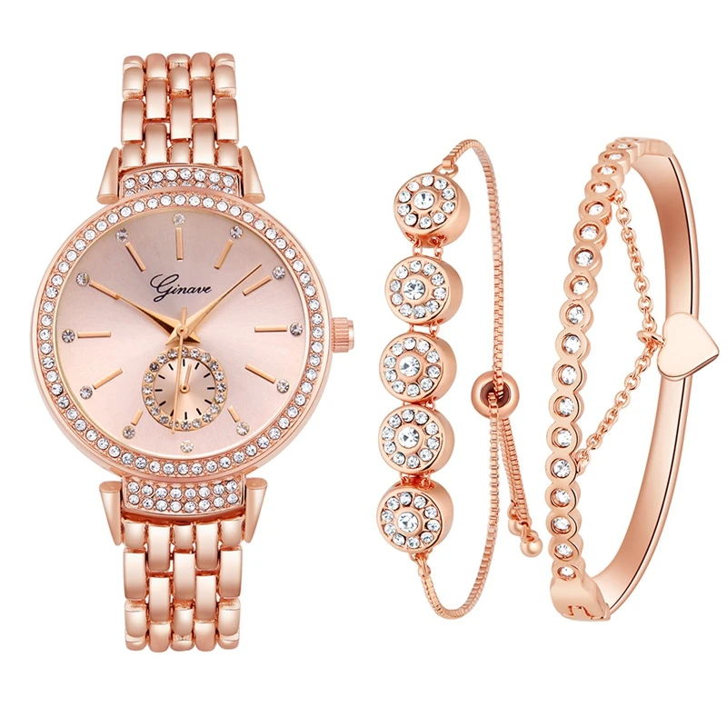 

3 PCS New Fashion Elegant Women Watches Crystal Bracelet Set Luxury Golden Steel Ladies Quartz Wristwatches Gifts