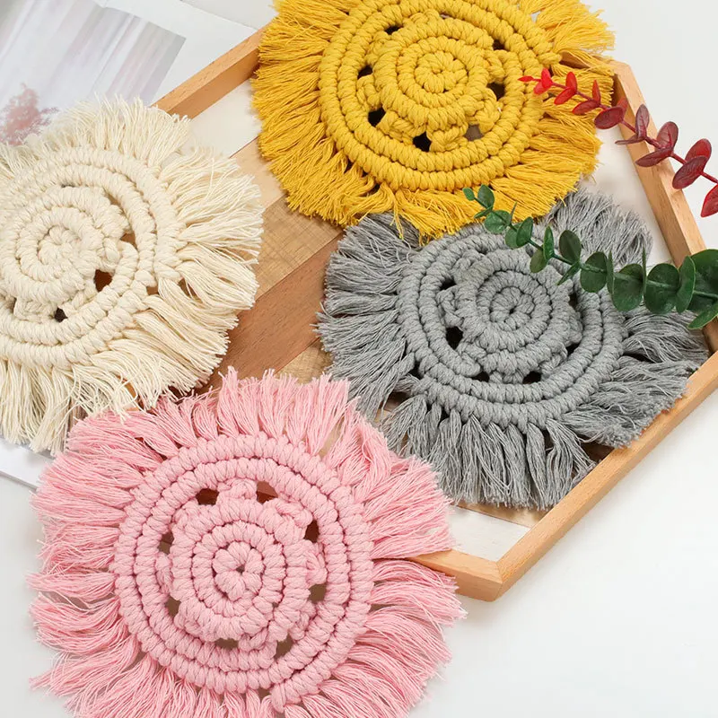 

7.4 Inch Diameter Handmade Macrame Cotton Woven Round Shape Coaster With Tassels, Customized