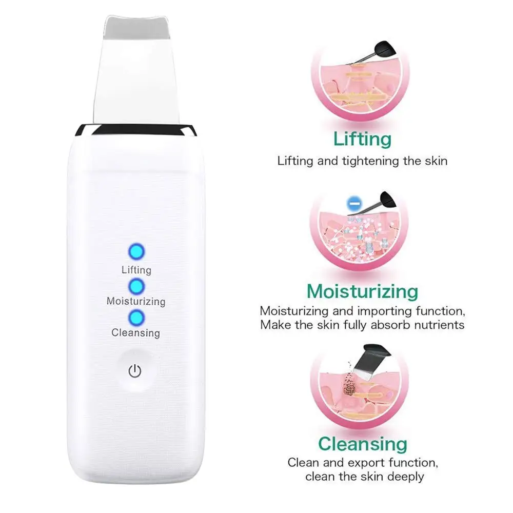 

new exfoliating handheld rechargeable peeling ems ultrasonic ion facial spatula ultra sonic skin ultrasound face scrubber, White