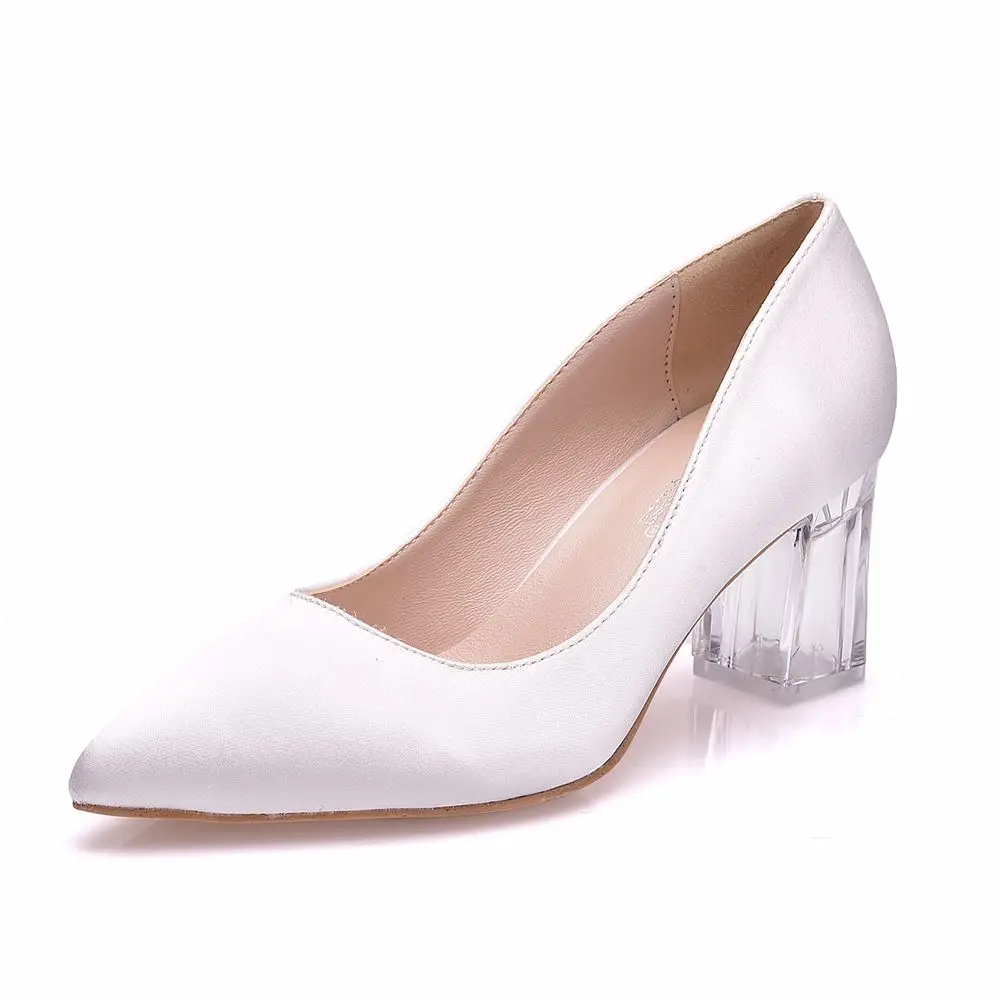 

6cm white thick crystal hoof heel pointed toe wedding dress party pumps shoes women Silk Satin high heels bridal shoes