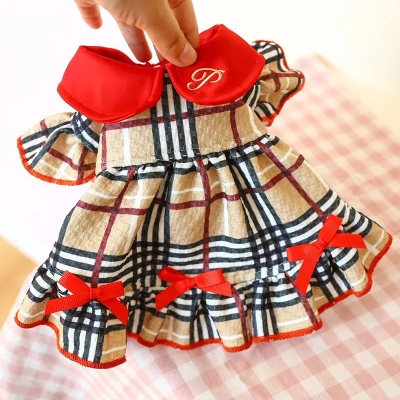 

Hot Sale Pet Dress Red Collar Bowknot Grid Classic Plaid Puppy Cat Clothing Luxury Designer Pet Clothes Dog Dress, Show as the picture