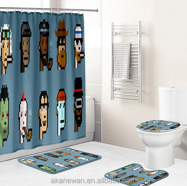 

wholesale 3D print Custom Google most popular NFT theme cartoon head design expensive luxury bathroom shower curtain set