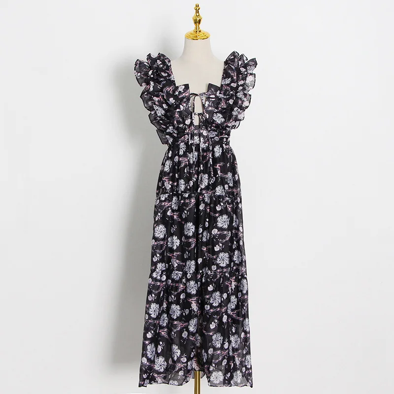 

Fresh and sweet wind 2021 spring and summer women's new square lace lace sleeves big chiffon small floral high waist women's dre