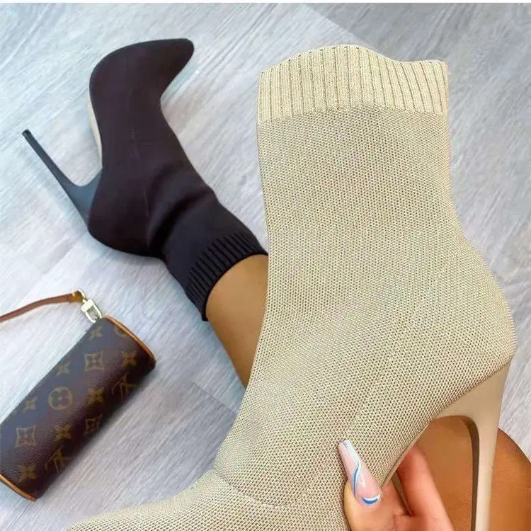 

Winter Boots Women Solid Color Sexy Sock Boots Pointed Toe Stiletto High Heels Boots For Women, Picture