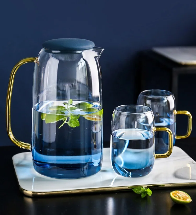 

Nordic Creative Blue Color Glass Water Pitcher Set Hot and Cold Water Carafe with 2 Cup Set, Clear