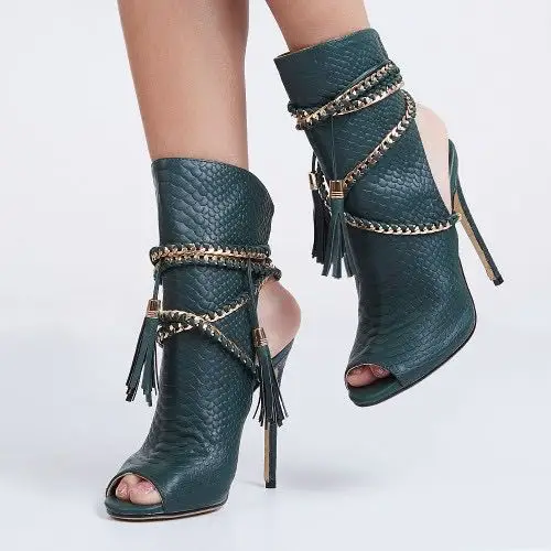 

Solid Round Peep Toe Women Short Booties Slip-on Slingback Thin High Heel Ladies Ankle Boots Tassel Ornament Summer Boots, Green