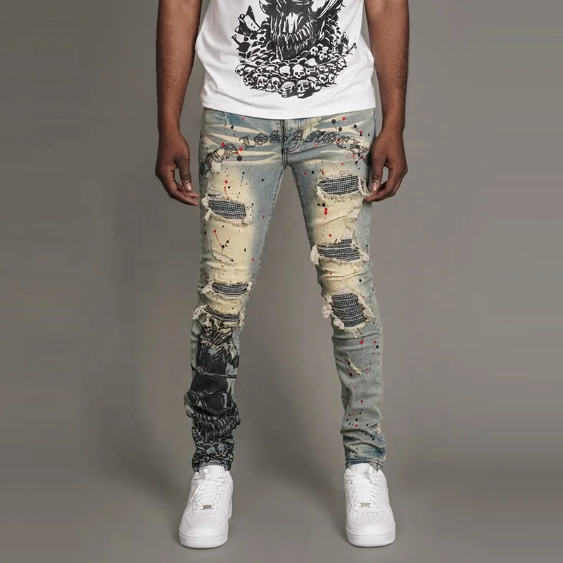 

New Design Custom Style Jean For Man Ripped Patchwork Splash-Ink Plus Size Regular Jeans 100% cotton