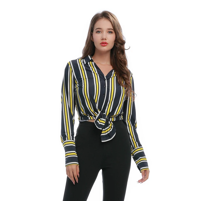 

Autumn Polyamide/Spandex Turn-down Collar Long Sleeve Striped Knitted Women's Shirt Casual Ladies' Blouse, Pic